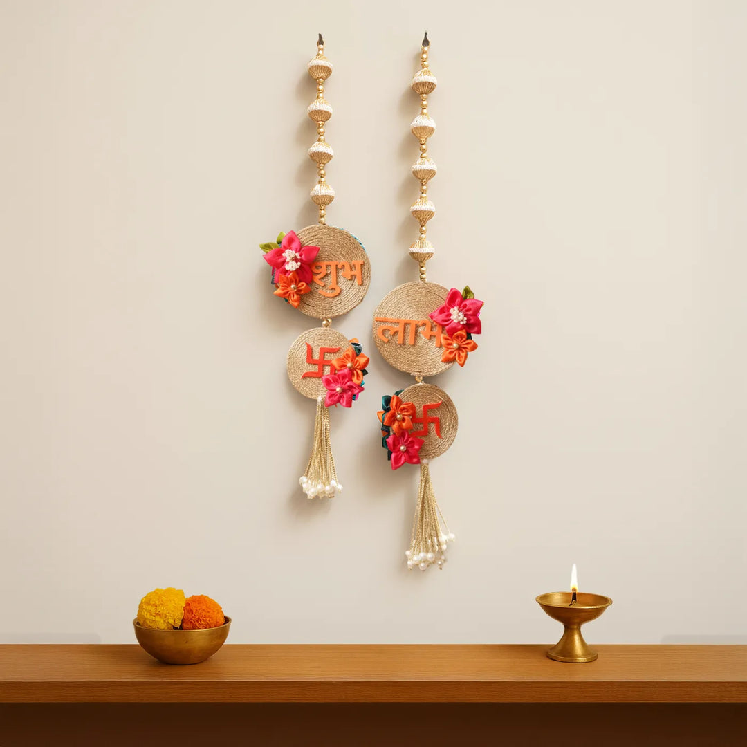 Handmade Beaded Reversible Floral Shubh Labh Hangings | Set Of 2