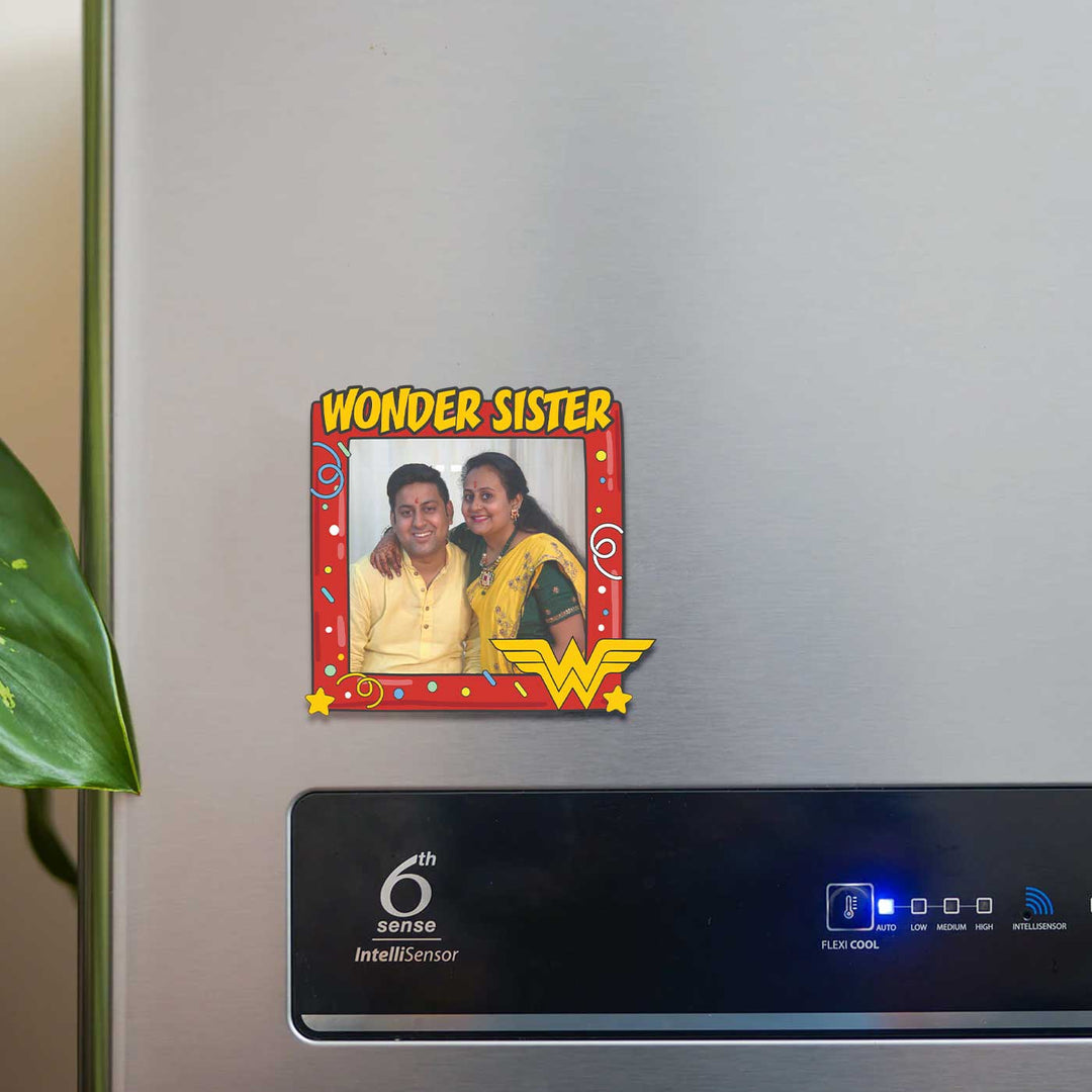 Photo Personalized "Wonder Sister" Theme Wooden Fridge Magnet For Siblings