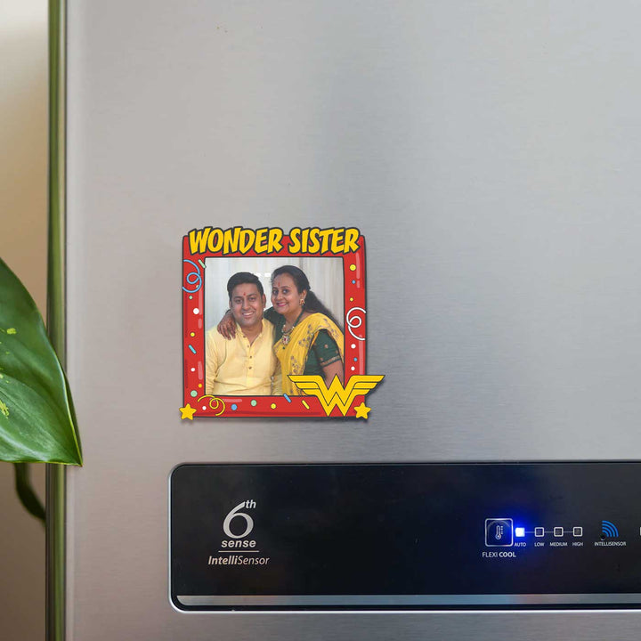 Photo Personalized "Wonder Sister" Theme Wooden Fridge Magnet For Siblings
