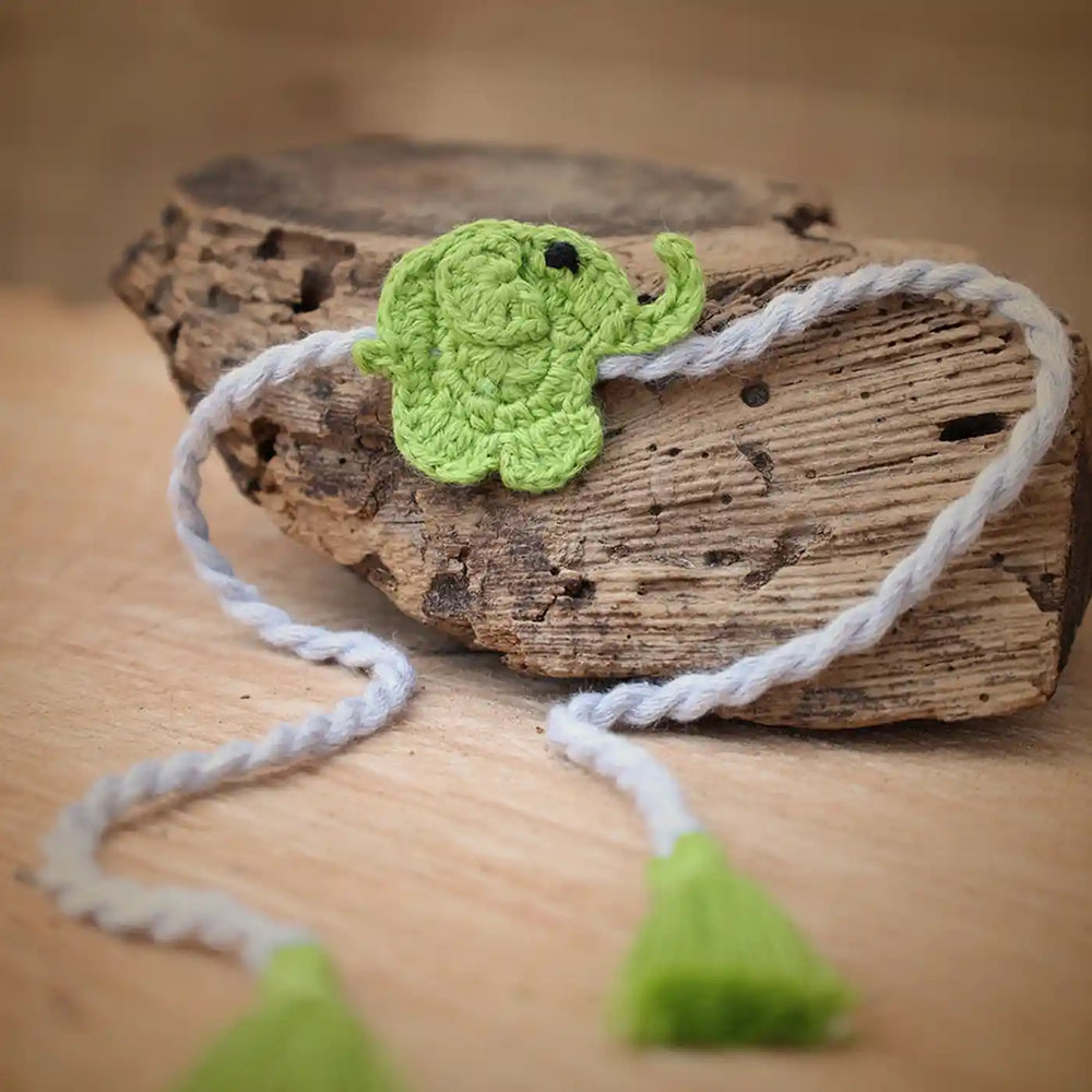 Handmade Crochet Elephant Theme Kids Rakhi And Toy Combo With Roli Chawal Set Of 2 - Close-up of Crochet Elephant Necklace