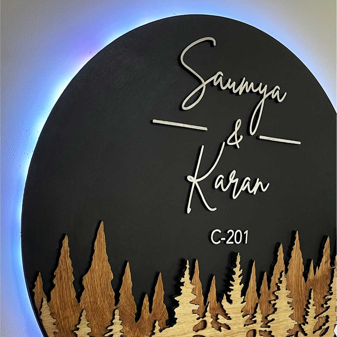 Pine Forest Theme Personalized Round Led Backlit Handcrafted Wooden Name Plate With Laser Cut White Lettering For Home