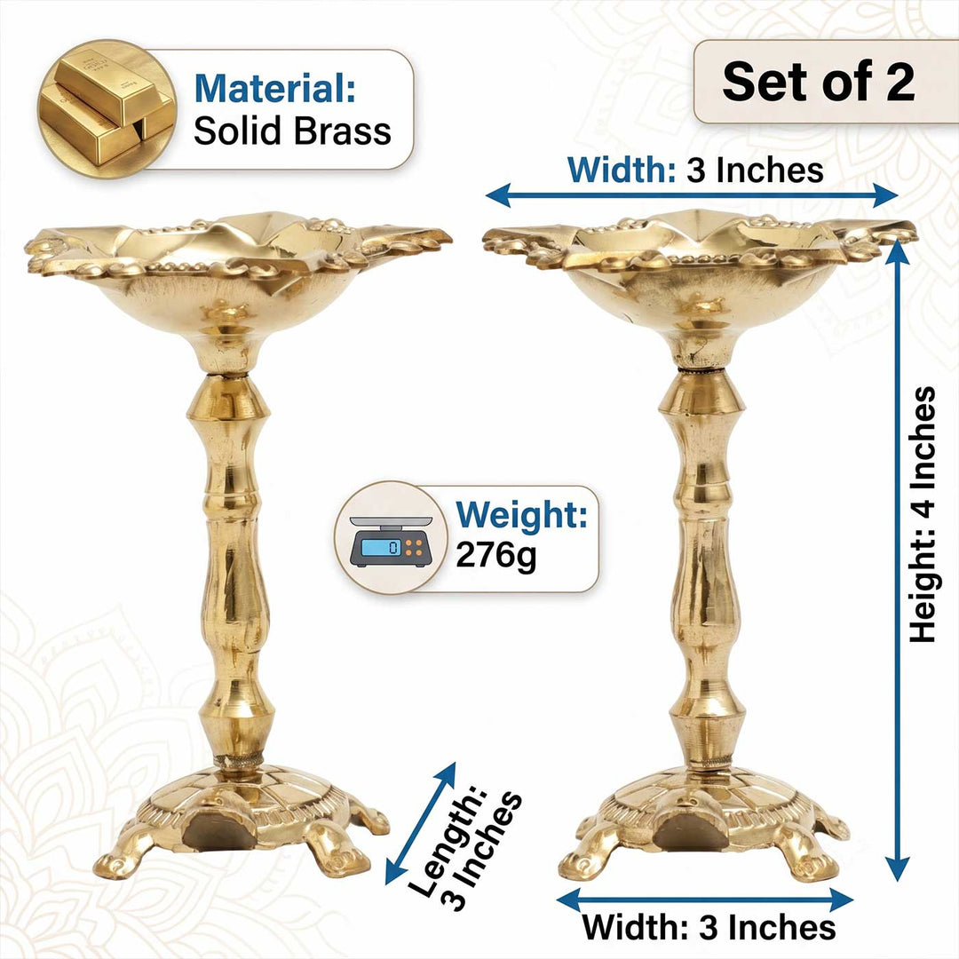 2 pc | Turtle Base Brass Kurma Oil Lamp With Tall Stand For Festive Decor