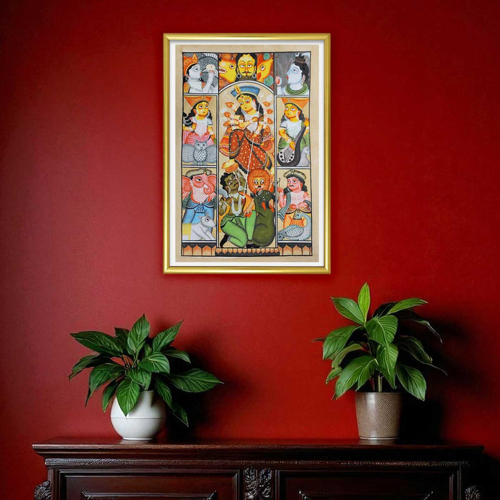 14 x 22 Inch | Durga Mahishasura Mardini | Original Hand Painted Kalighat Painting | Natural Colors On Paper