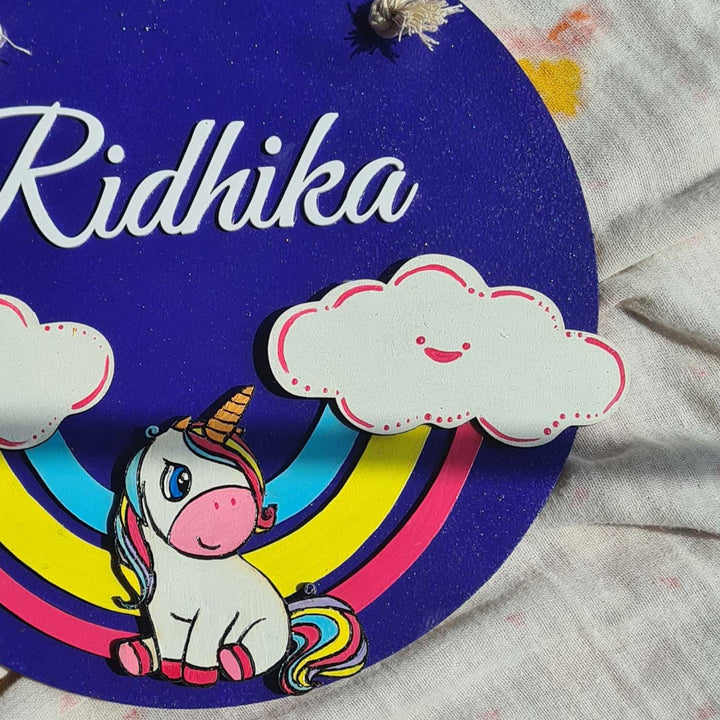 Personalized Rainbow and Unicorn Theme MDF Wood Kids Name Plate