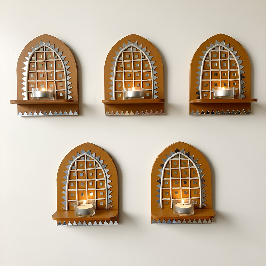 Hand-Painted Mirror Work Jharokha MDF Wood Tealight Holder