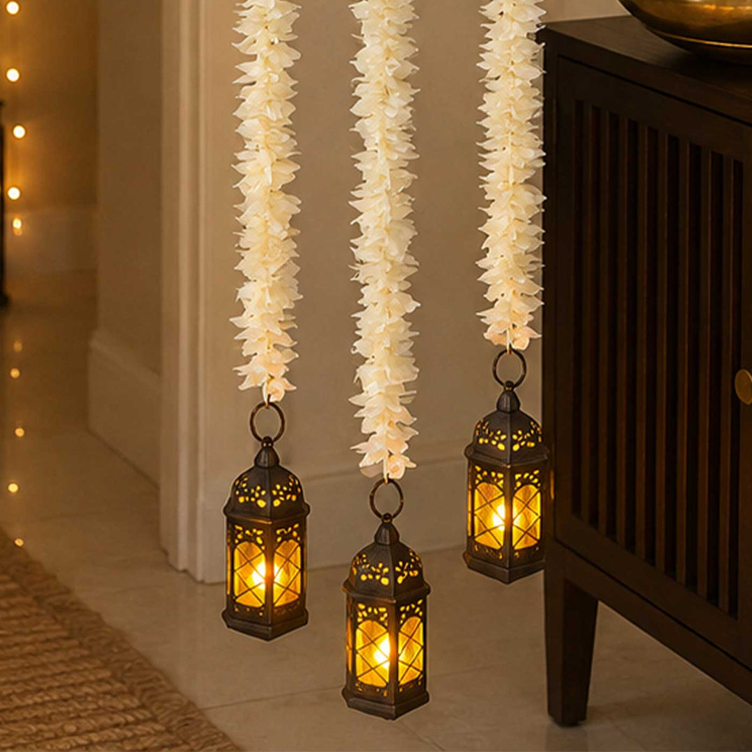 Handcrafted White Artificial Flower With Black Lantern Tassels Door Hangings