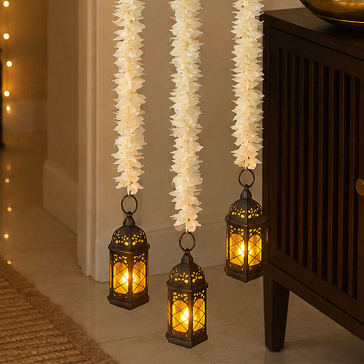 Handcrafted White Artificial Flower With Black Lantern Tassels Door Hangings