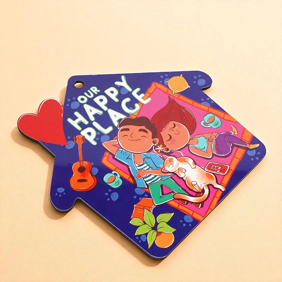 Printed Cat Theme "Our Happy Place" MDF Wood Wall Decor