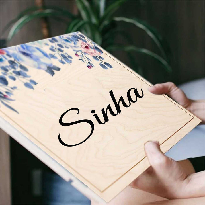 Printed Blue Spring Floral Wooden Rectangle Nameplate - Name Personalization Example Held in Hands