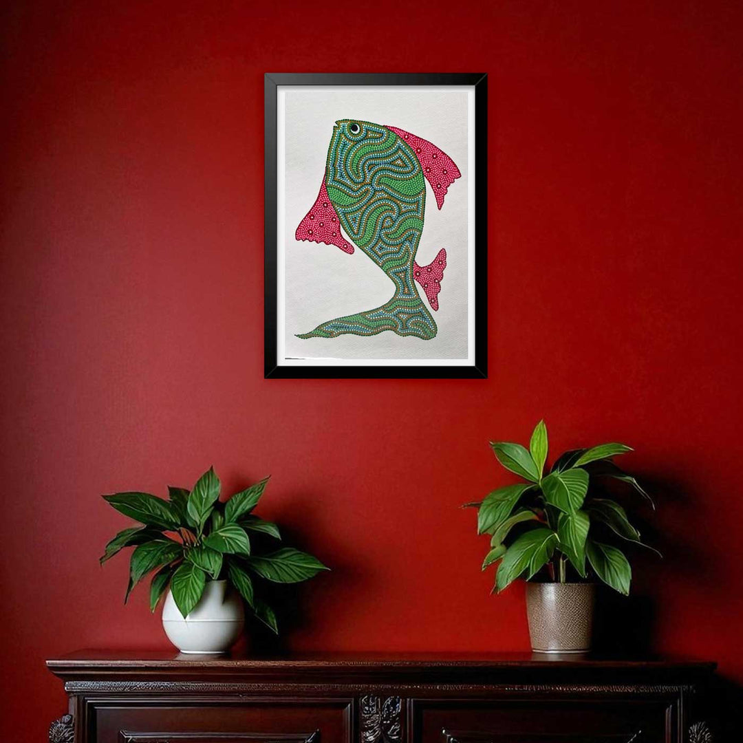 11 x 15 Inch | Green Fish | Original Hand Painted Bhill Painting | Acrylic Paints On Paper