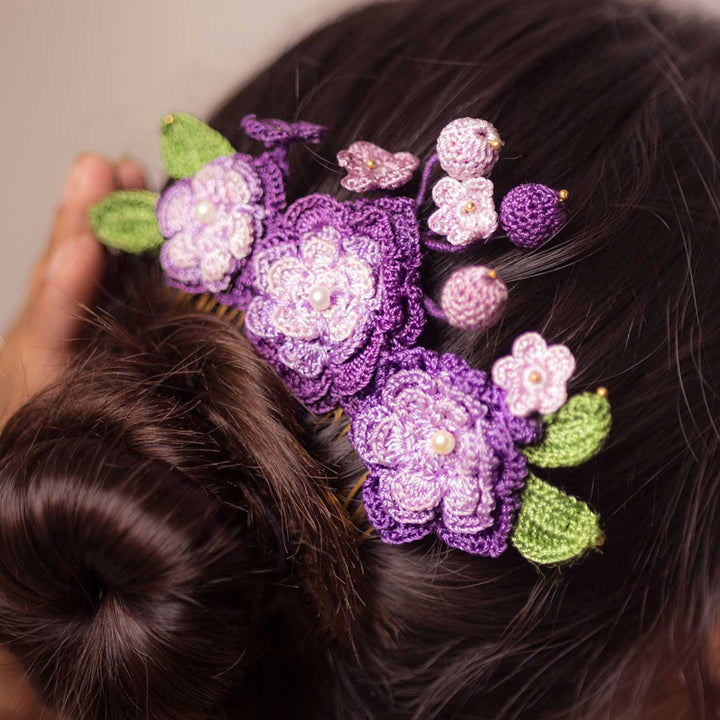 Handmade Crochet Guncha Purple Zinnias Hair Comb Pin