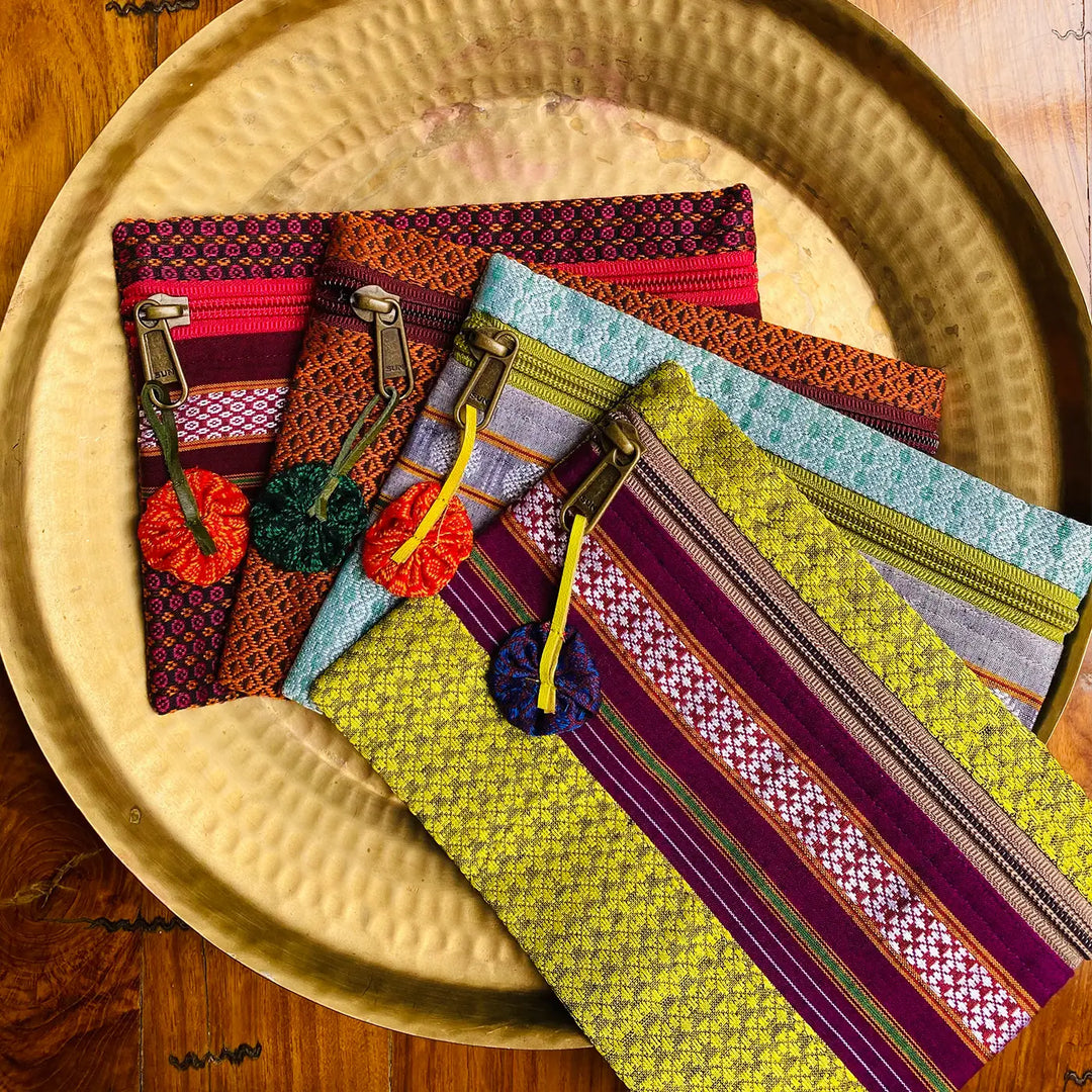 Assorted Cotton Khunn Purse With Floral Charm | Set Of 4