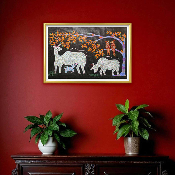 18 x 30 Inch | Cow Family | Original Hand Painted Bhill Painting | Acrylic Paints On Canvas