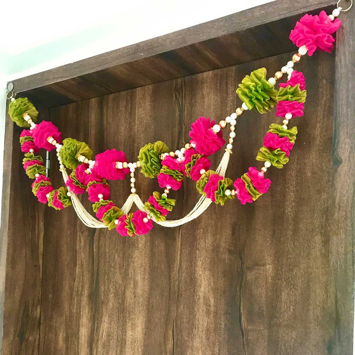 Handmade Pink & Green Tissue Flower Toran