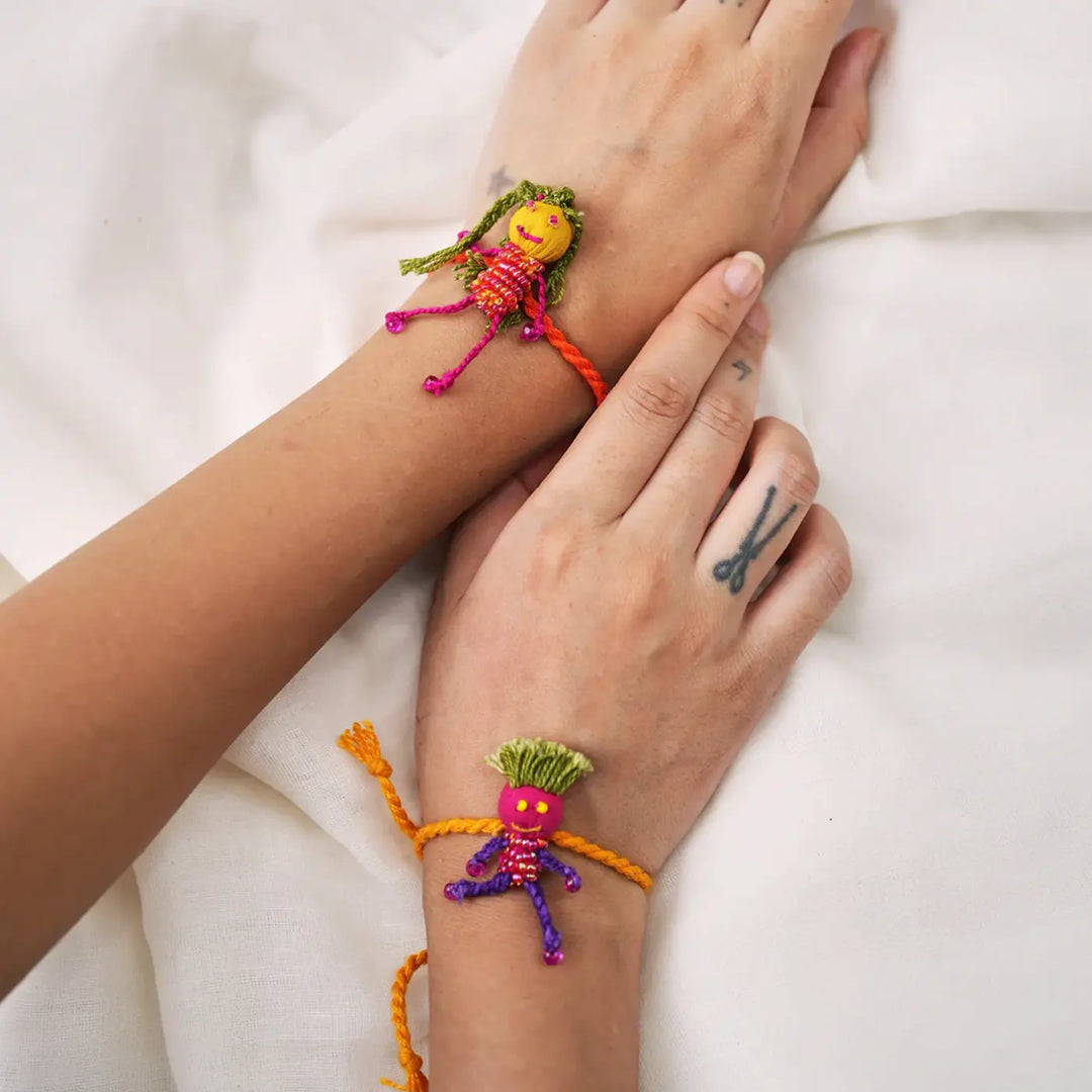 2 pc Rakhi + Brass Thali Set | Premium Tonu Monu Beaded Rakhi Set with Roli Chawal