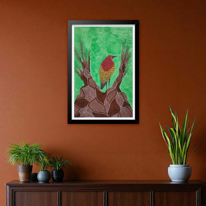 16 x 23 Inch | Tree Guardian Bird | Original Hand Painted Tribal Gond Art Painting | Acrylic Paints On Paper
