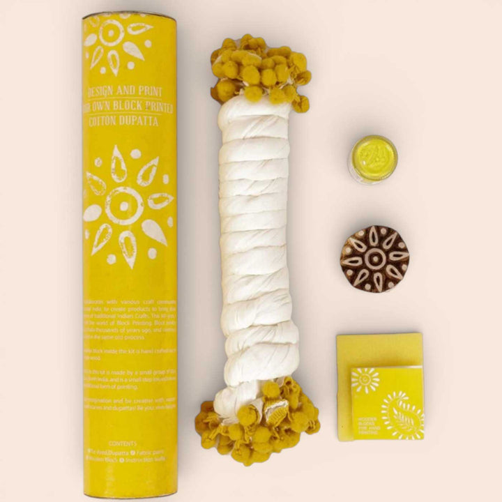 Yellow Floral Dupatta Block Print DIY Kit | Includes 1 White cotton dupatta, 1 Fabric paint, 1 Wooden block And 1 Sponge