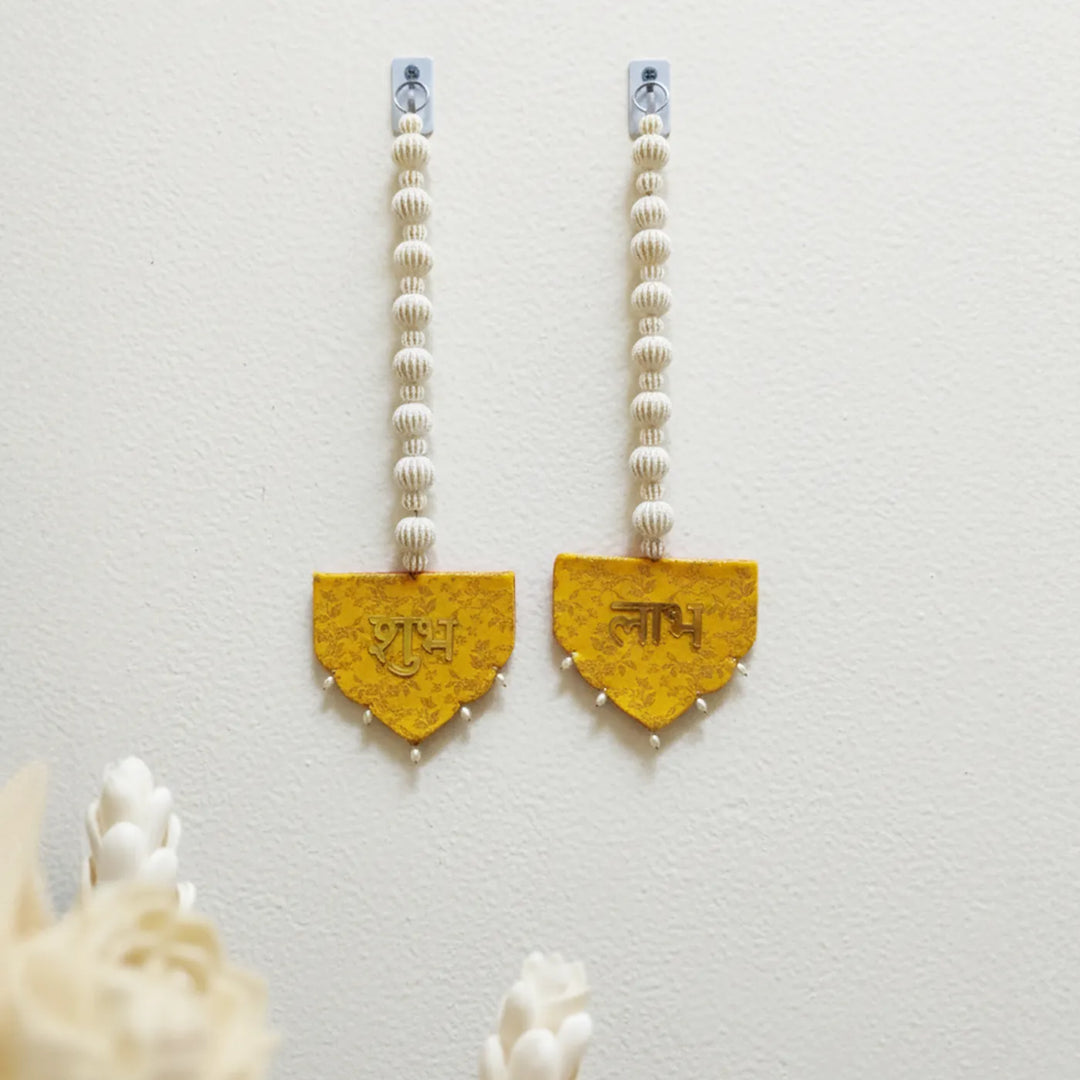 Handmade Reversible Pink & Yellow Brocade Shubh Labh Hangings | Set Of 2