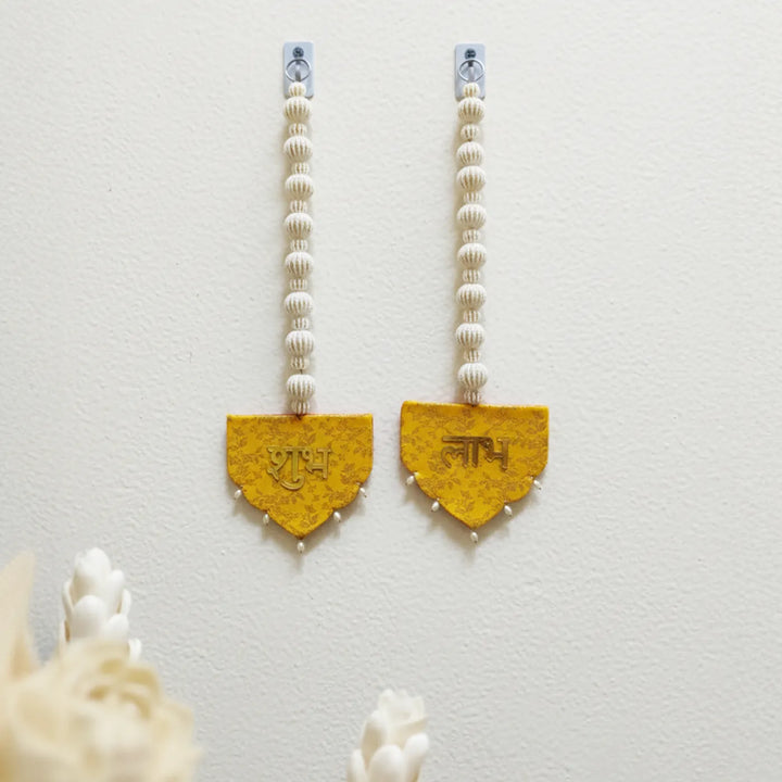 Handmade Reversible Pink & Yellow Brocade Shubh Labh Hangings | Set Of 2