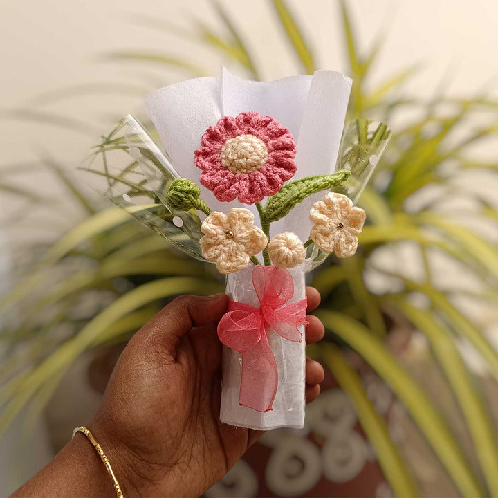 Handmade Crochet Pink & Cream Mini Flower Bouquet | Includes Photo & Greeting Card