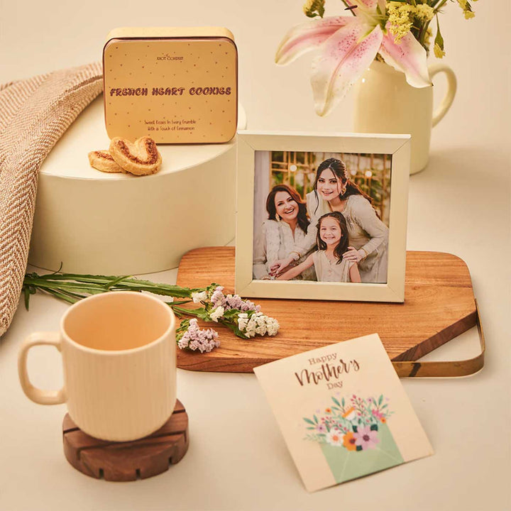 Photo Personalized Sweet Like Maa Gift Box | Includes 1 Ivory Photo Frame, 1 French Heart Cookies Tin, 1 Ribbed & Glazed Ceramic Mug, 1 Mother’s Day Postcard, 1 Chic Circular Gift Box