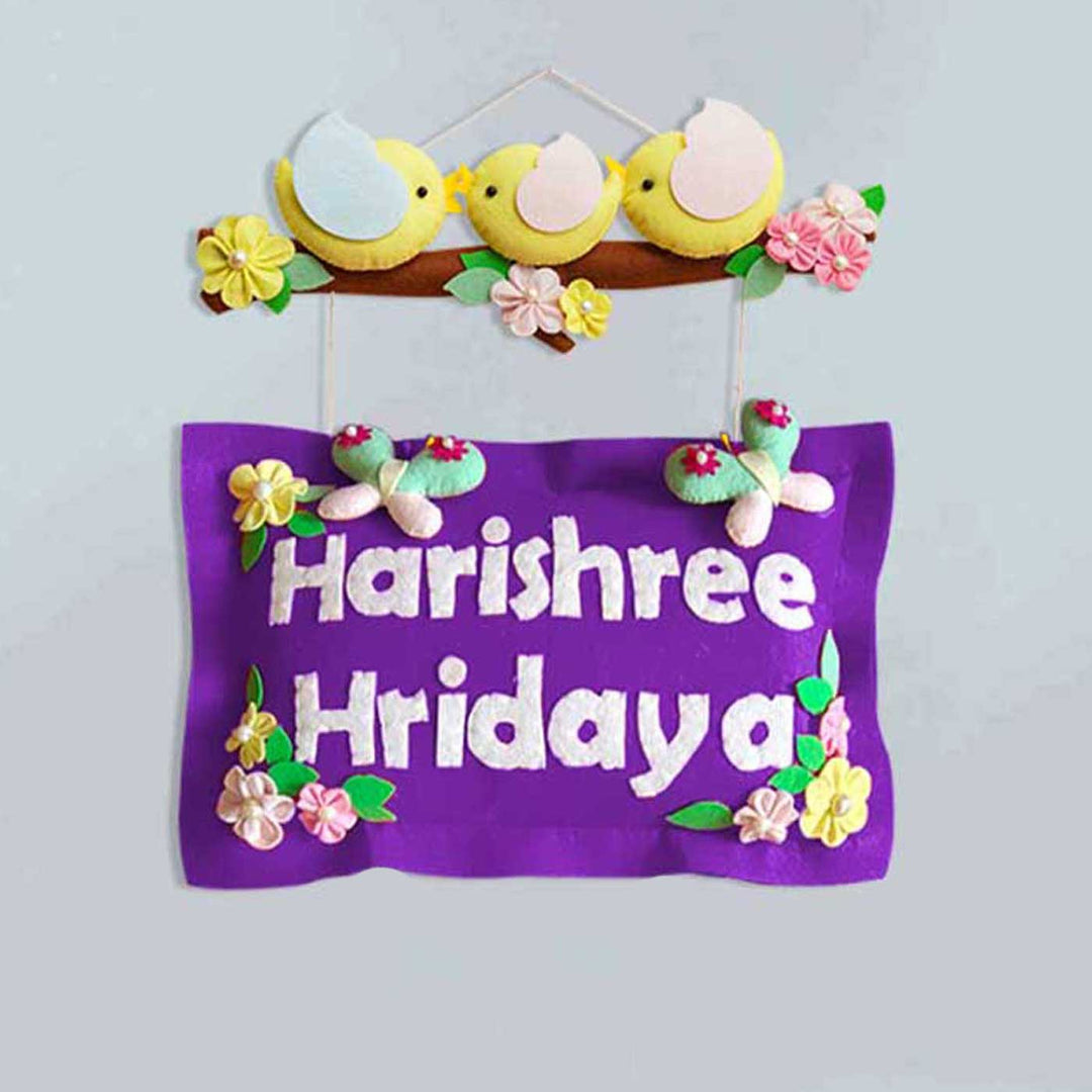 Hand Stitched Pillow Bird Themed Felt Kids Nameplate For Siblings - Name Personalization Example Front View