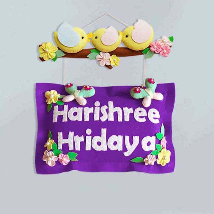 Hand Stitched Pillow Bird Themed Felt Kids Nameplate For Siblings - Name Personalization Example Front View