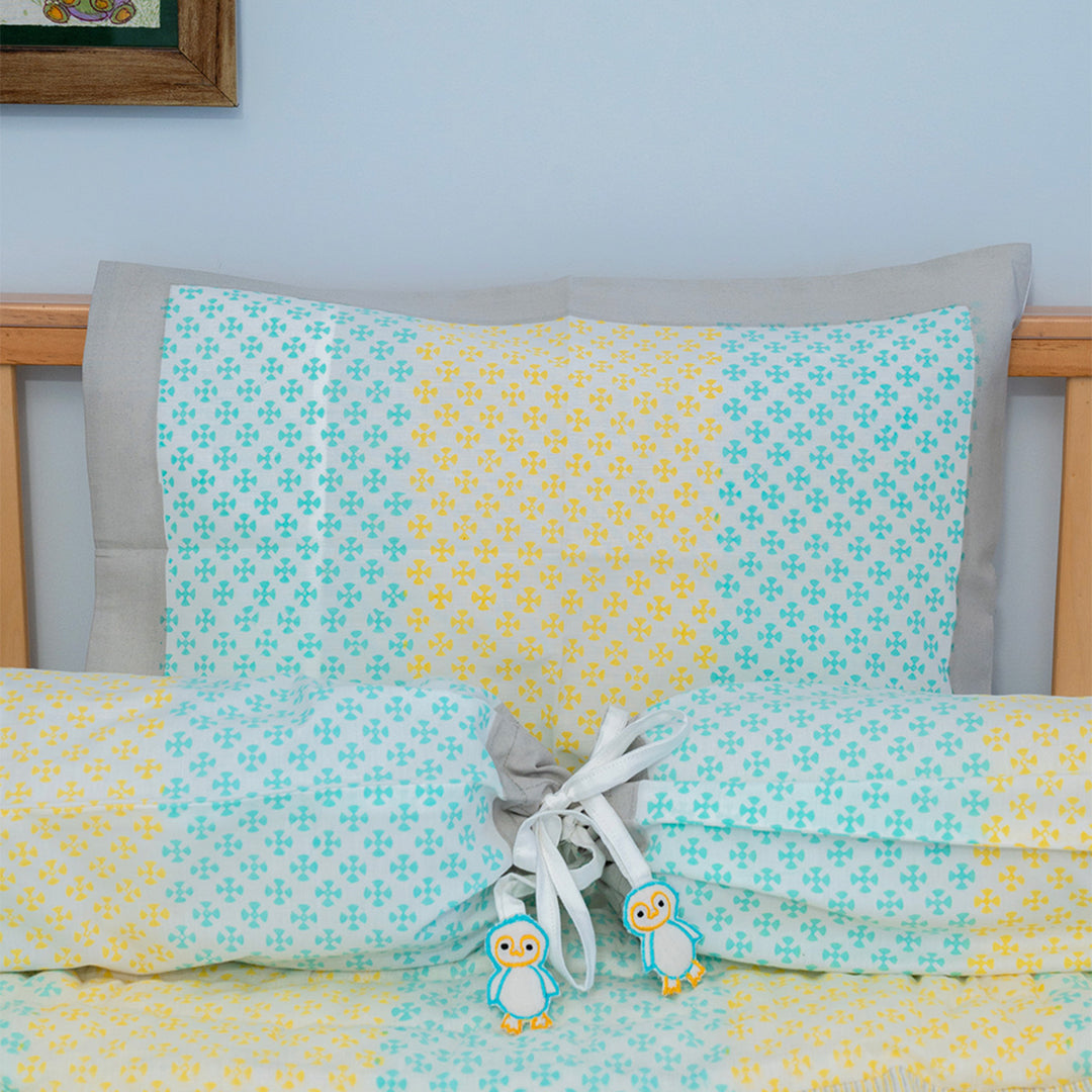 Blue Penguin Hand Block Printed Baby Bedding Cot Set