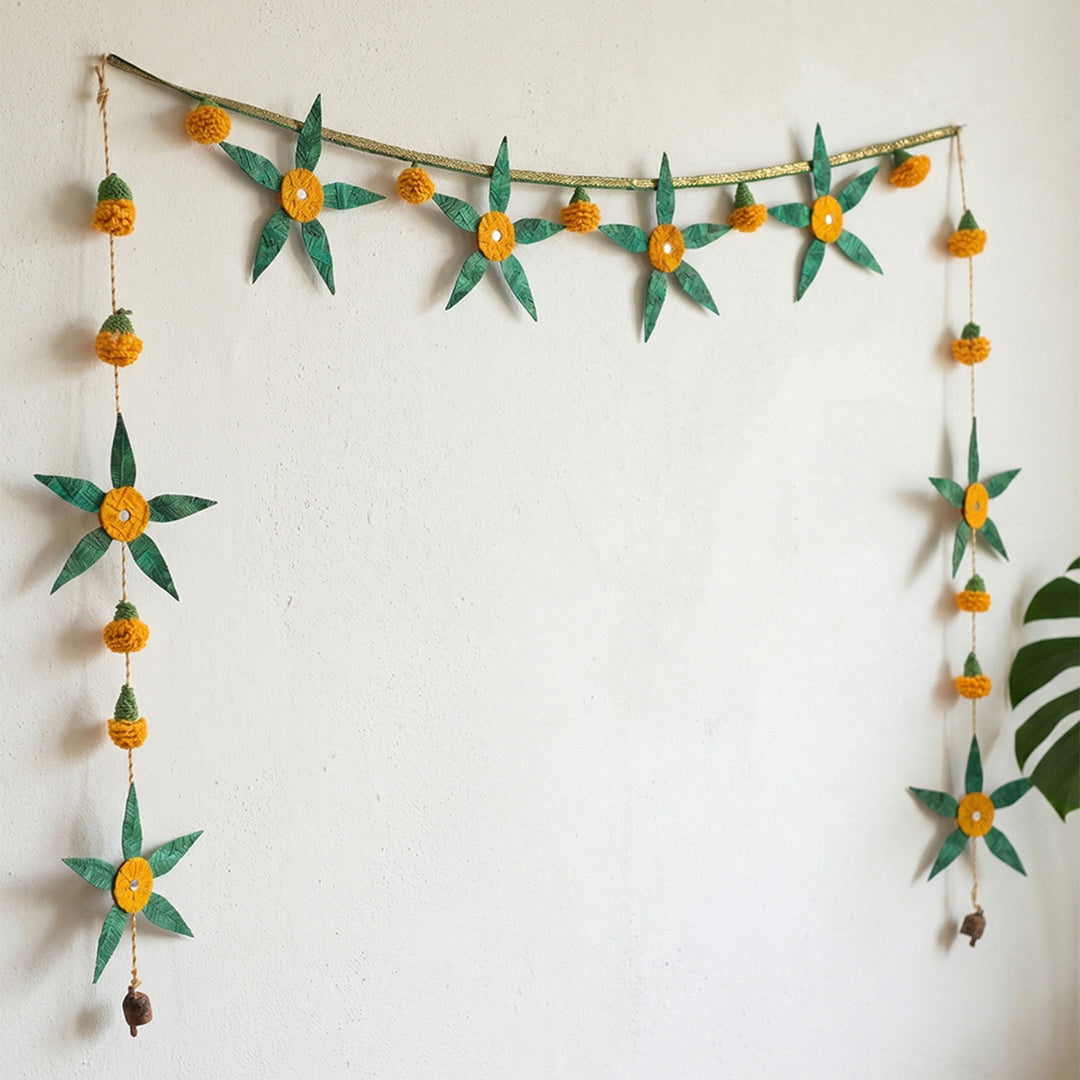 "Aam Patta" Handcrafted Mango Leaf Bamboo Toran with Crochet Detailing for Festive Decor