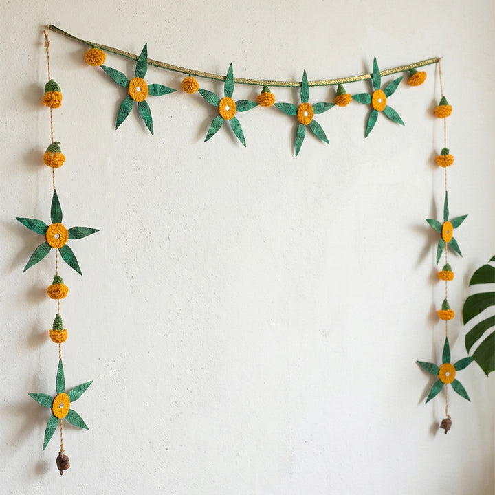 "Aam Patta" Handcrafted Mango Leaf Bamboo Toran with Crochet Detailing for Festive Decor