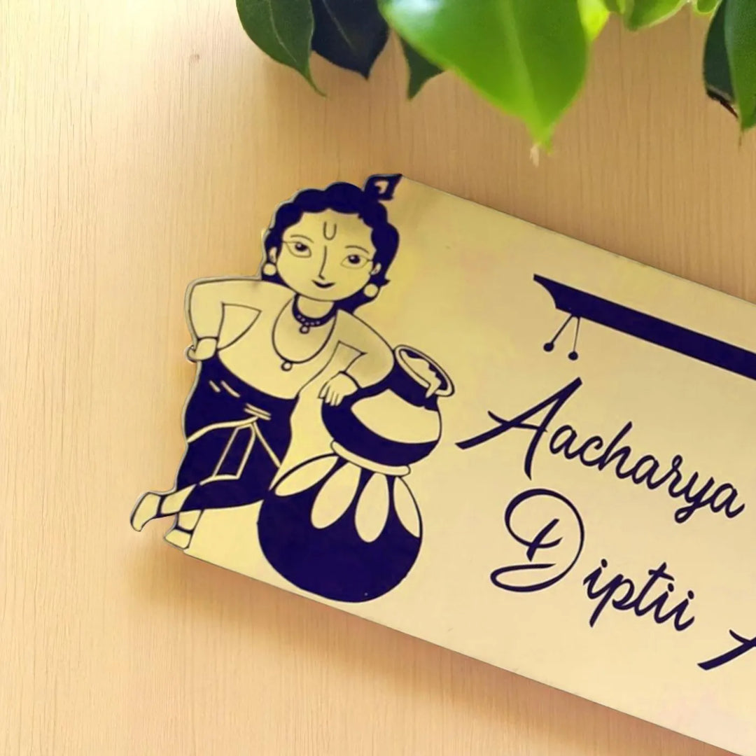 Personalized Krishna Theme Stainless Steel Name Plate