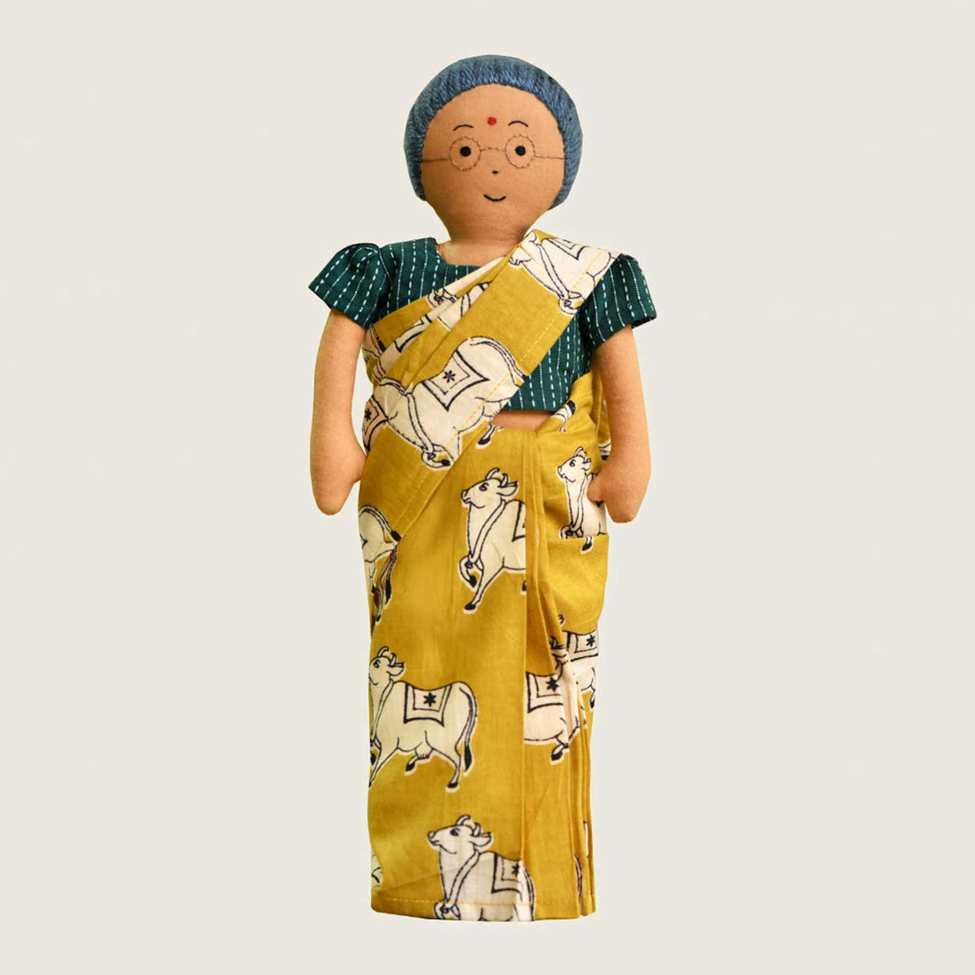 Nilah's Patti (Grandmother) In Yellow & Green Saree | Soft Hand-Stitched Sustainable Indian Play Doll