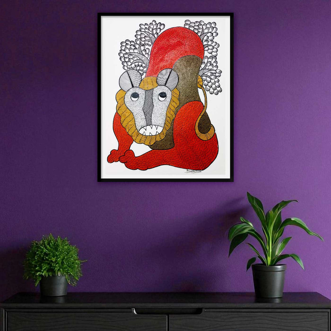 11 x 15 Inch | Lion of the Sacred Grove | Original Hand Painted Tribal Gond Art Painting | Acrylic Paints On Paper