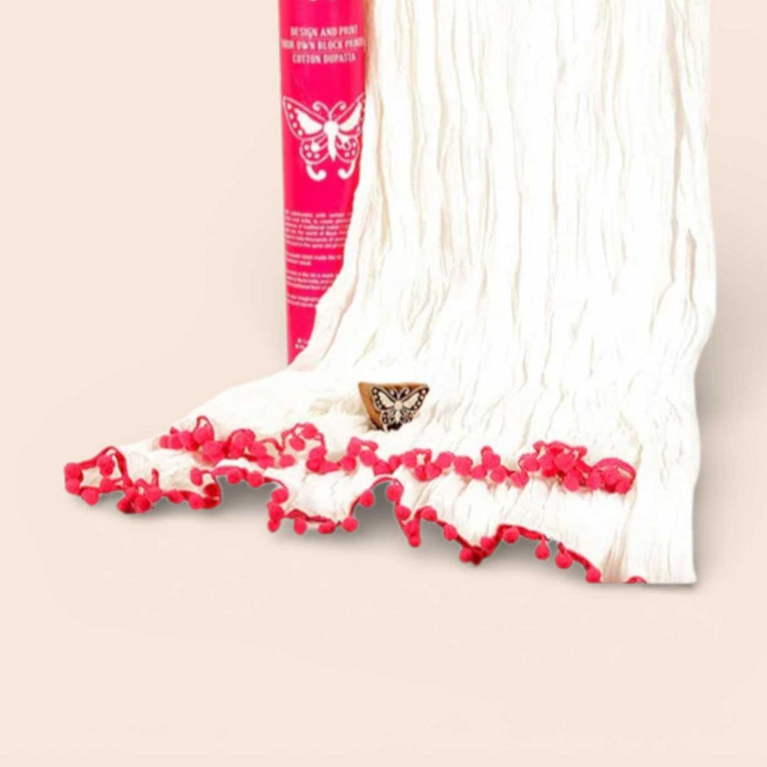 Pink Butterfly Dupatta Block Print DIY Kit | Includes 1 White cotton dupatta, 1 Fabric paint, 1 Wooden block And 1 Sponge
