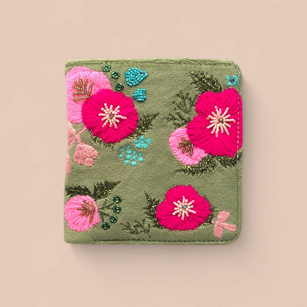 Handmade Embroidered Floral Green Design Velvet Wallet