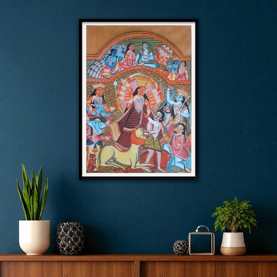 22 x 30 Inch | Mahishasura Mardini Durga With Lion | Original Hand Painted Kalighat Painting | Natural Pigment On Paper
