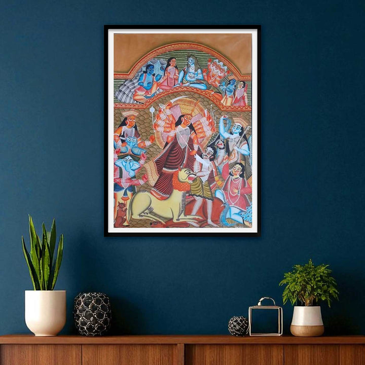 22 x 30 Inch | Mahishasura Mardini Durga With Lion | Original Hand Painted Kalighat Painting | Natural Pigment On Paper