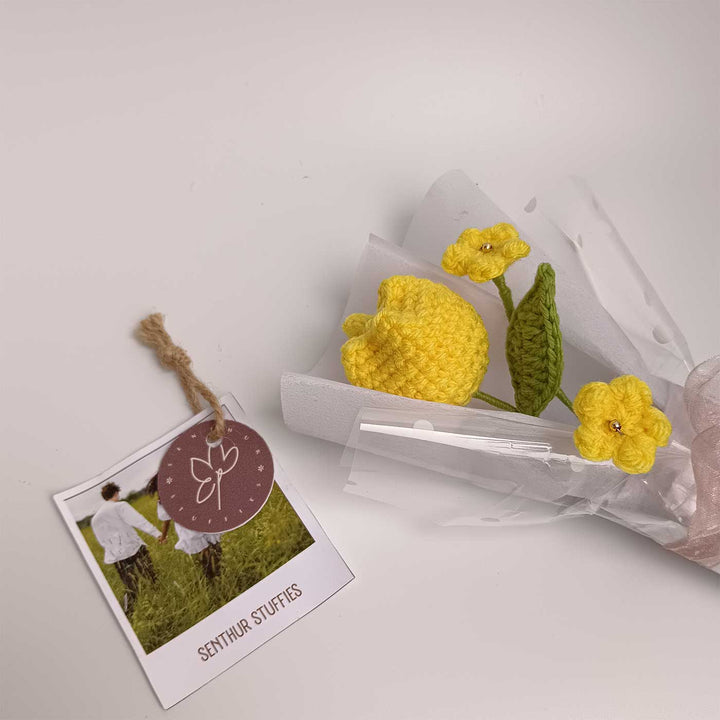Handmade Crochet Yellow Tulip Mini Flower Bouquet | Includes Photo & Greeting Card