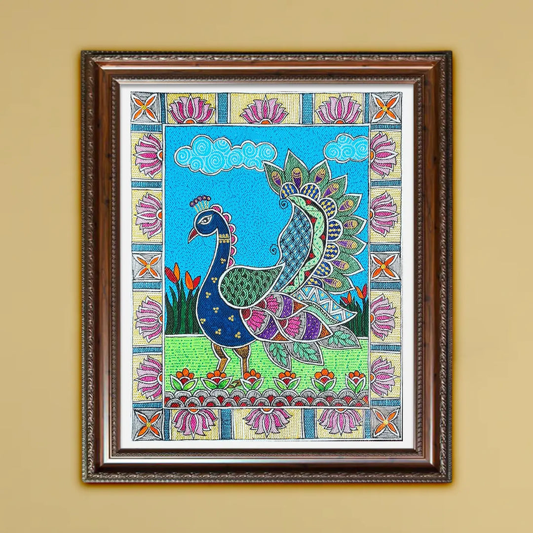 10 x 7 Inch | Dancing Peacock | Original Hand Painted Madhubani Painting On Canvas
