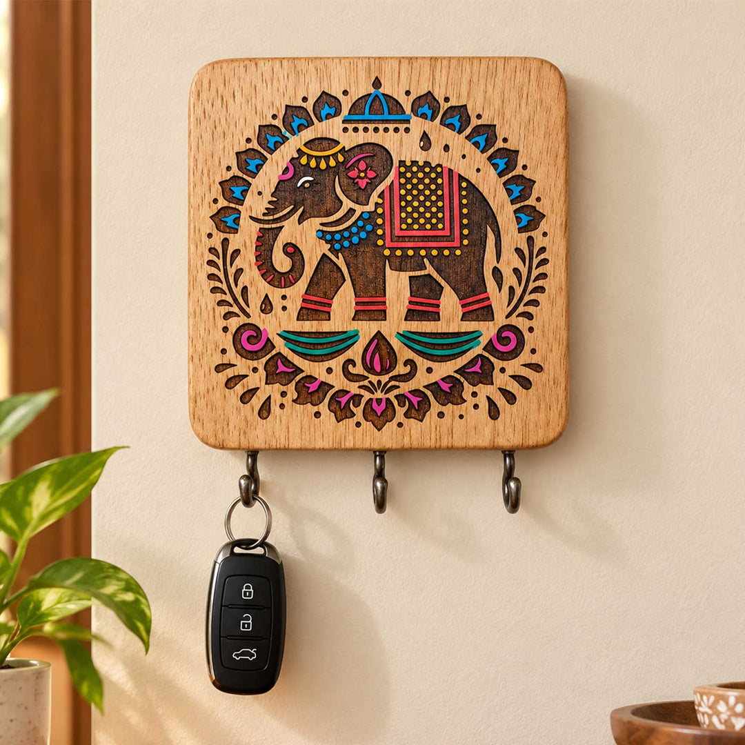 Engraved Hand-Painted Elephant Rubber Wood Wall Key Holder