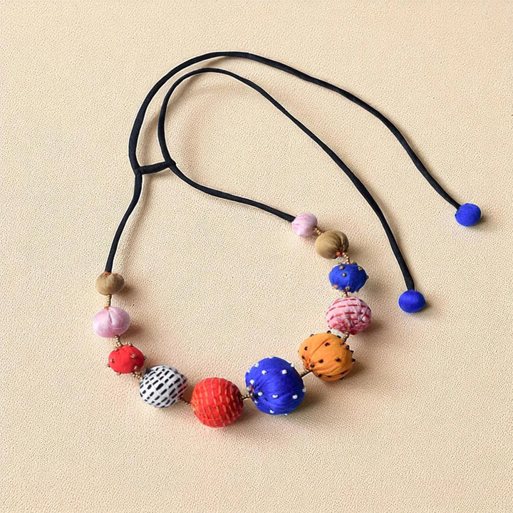 Handmade Textile Art Colorful Round Beads Dupion Silk Fabric Necklace