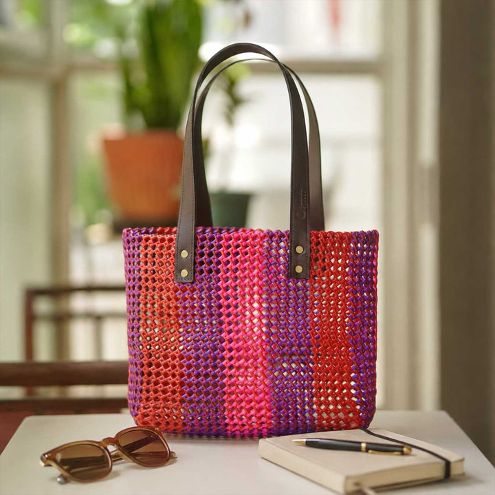 Handmade Multicolor Vertical Striped Wire Koodai Tote Bag