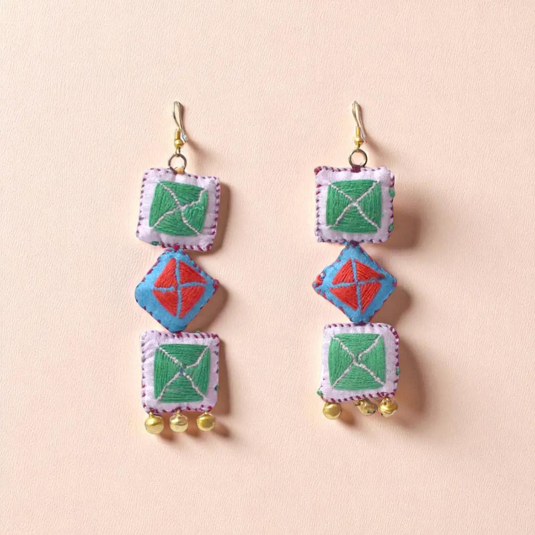 Handmade Textile Art Square & Diamond Ghungroo Dupion Silk Fabric Earrings