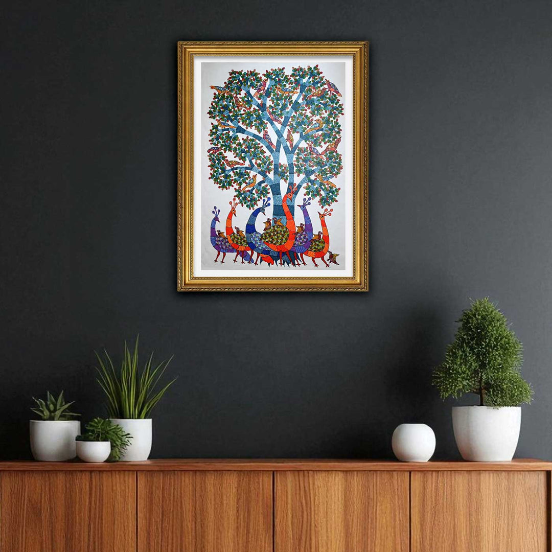15 x 22 Inch | Under the Tree of Life | Original Hand Painted Tribal Gond Art Painting | Acrylic Paints On Canvas