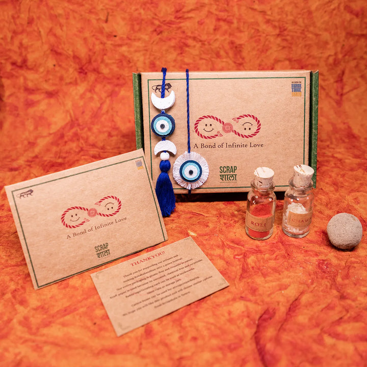 Nazarbattu Plantable Handmade Cork Sibling Rakhi Hamper With Roli Chawal - Gift Box with Rakhi and Accessories