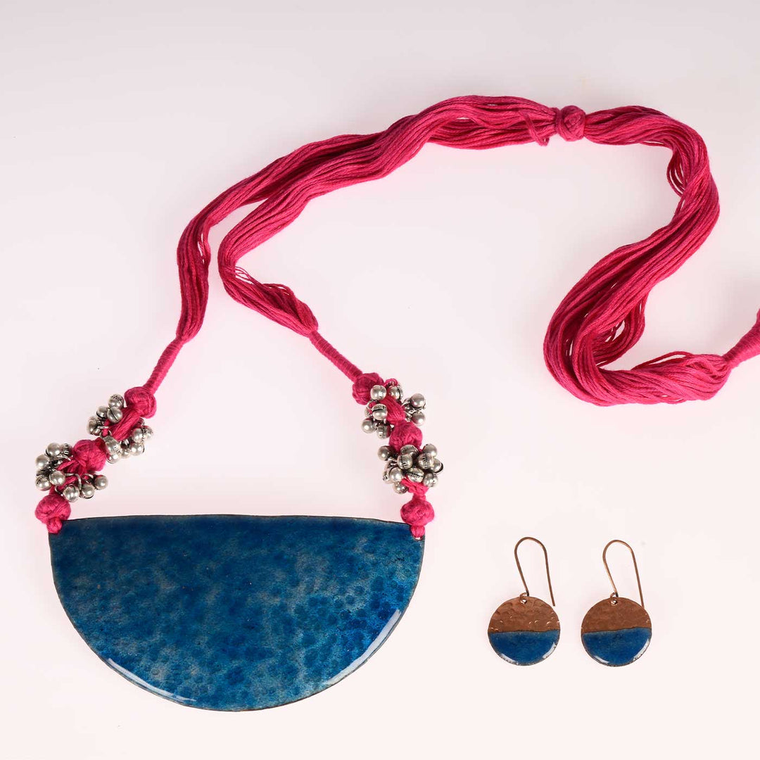 Handmade Half Moon Shaped Ghungroo Copper Enamel Pendant With Earrings