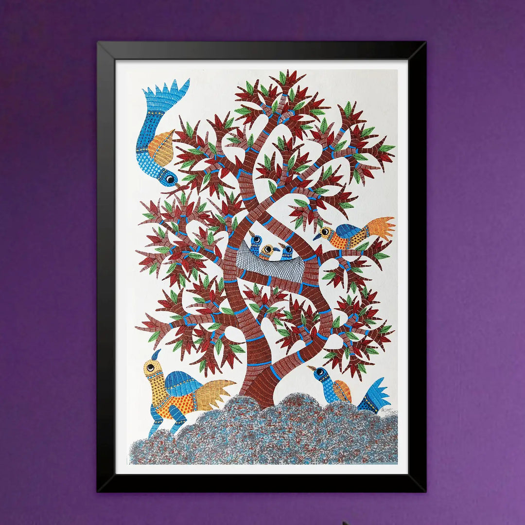 15 x 22 Inch | Tree of Life with Birds | Original Hand Painted Tribal Gond Art Painting | Acrylic Paints On Paper