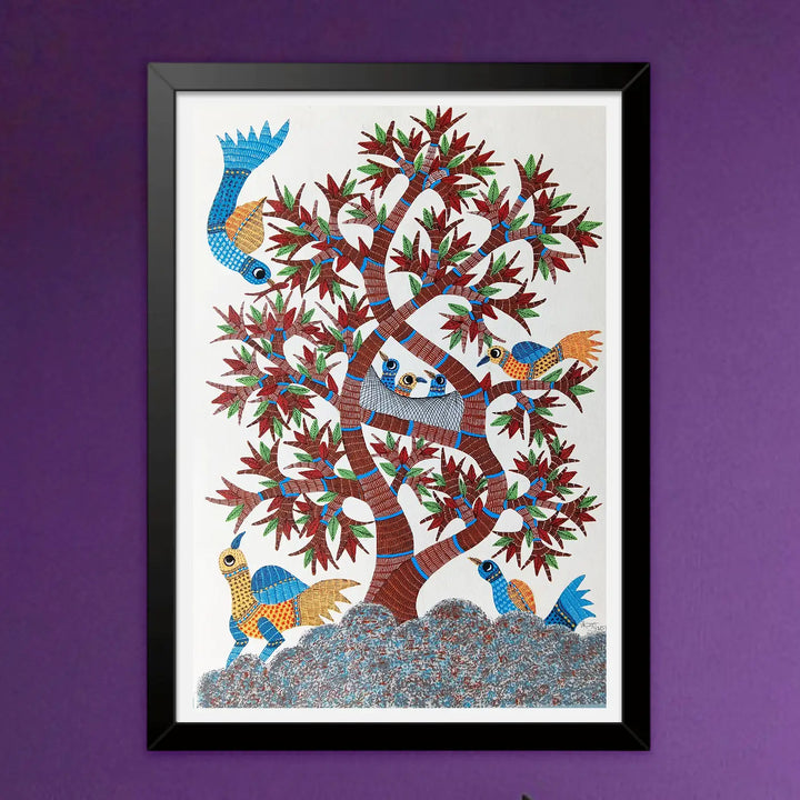 15 x 22 Inch | Tree of Life with Birds | Original Hand Painted Tribal Gond Art Painting | Acrylic Paints On Paper