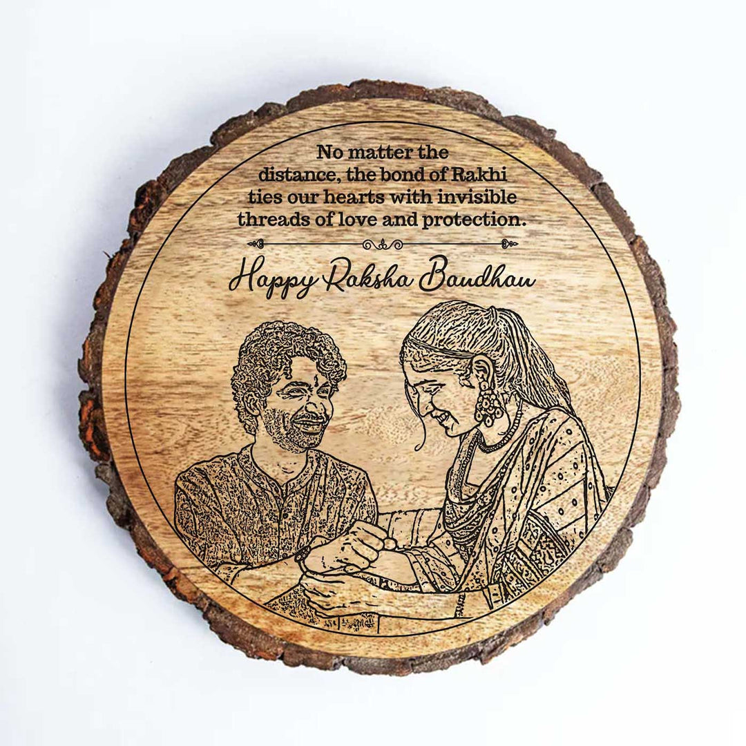 Photo Personalized Engraved Raksha Bandhan Theme Wooden Decorative Plaque Rakhi Hamper Includes 1 Rakhi 1 Plaque 1 Chocolate 1 Card And 1 Rakhi Plate - Plaque Front on White Background