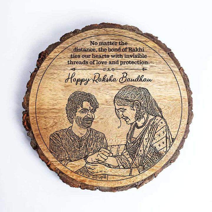 Photo Personalized Engraved Raksha Bandhan Theme Wooden Decorative Plaque Rakhi Hamper Includes 1 Rakhi 1 Plaque 1 Chocolate 1 Card And 1 Rakhi Plate - Plaque Front on White Background